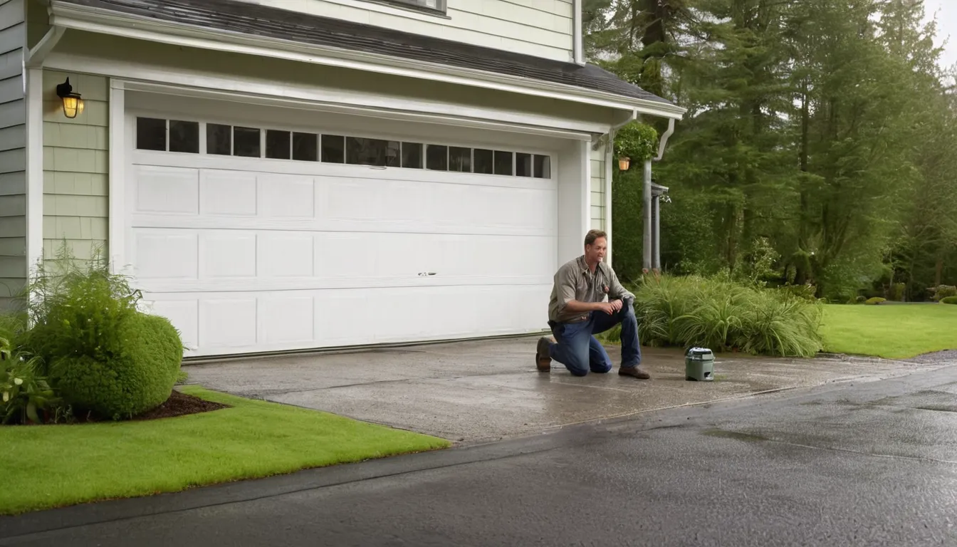 Friendly garage door provider inspecting a residential garage door in Everett on a damp, overcast day